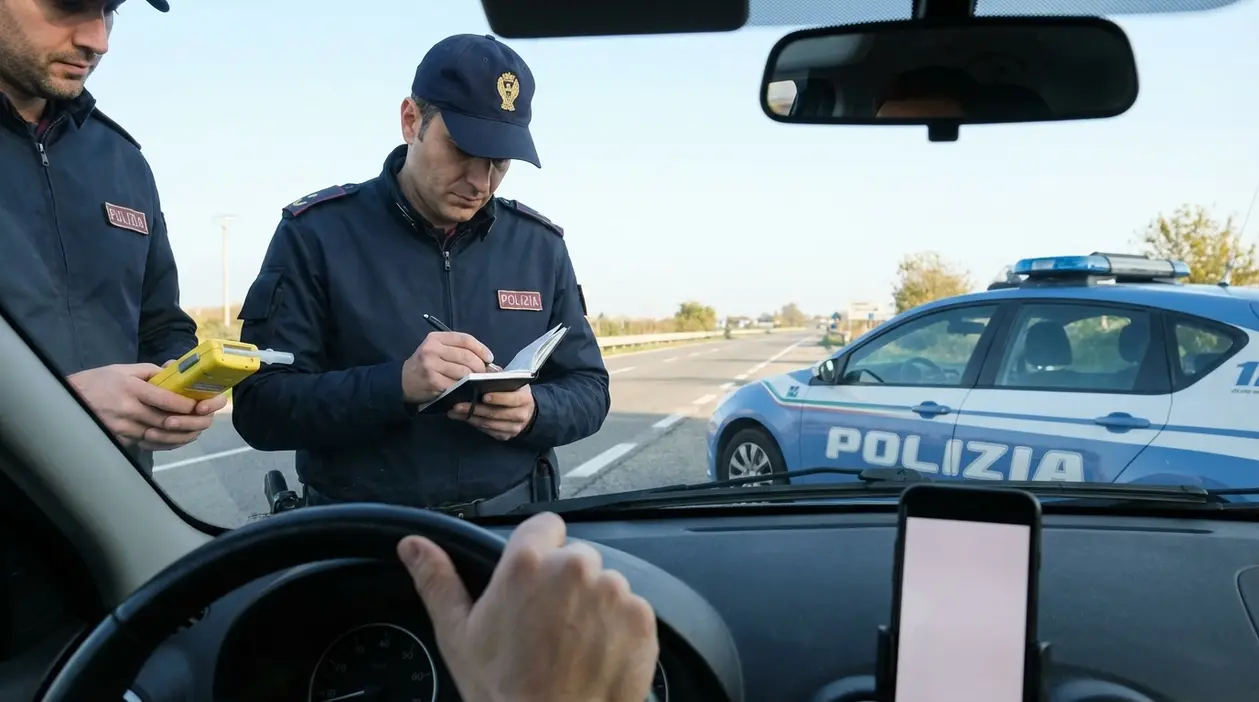 Controllo della polizia stradale a un automobilista, con etilometro e patente a punti come tema dell’infrazione