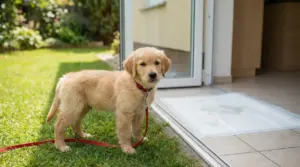 Cucciolo con guinzaglio rosso vicino all'ingresso di casa su un tappetino assorbente