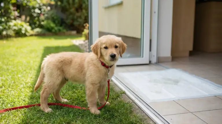 Cucciolo con guinzaglio rosso vicino all'ingresso di casa su un tappetino assorbente