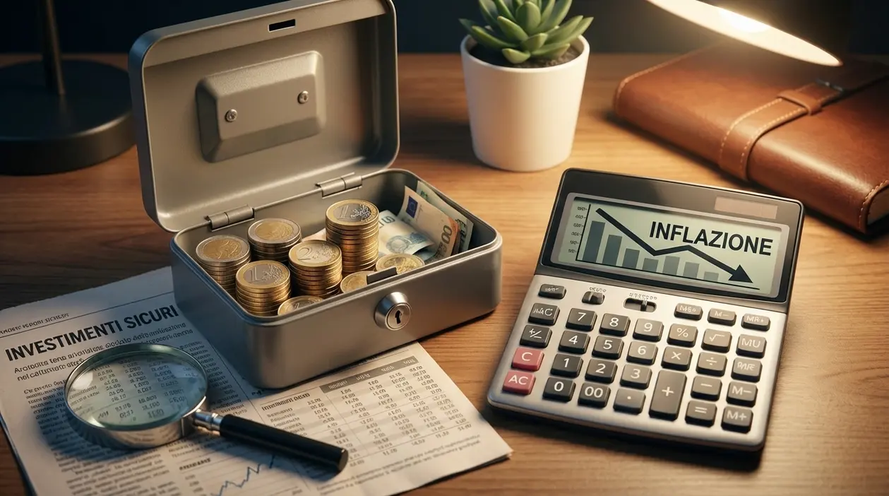 Cassaforte con monete e banconote accanto a una calcolatrice, simbolo dei rendimenti erosi dall’inflazione