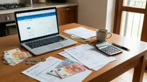 Laptop con home banking aperto su un tavolo con banconote in euro, bollette, calcolatrice e monete