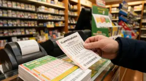 Mano che mostra una schedina del Superenalotto in una ricevitoria, vicino alla cassa e alle altre giocate