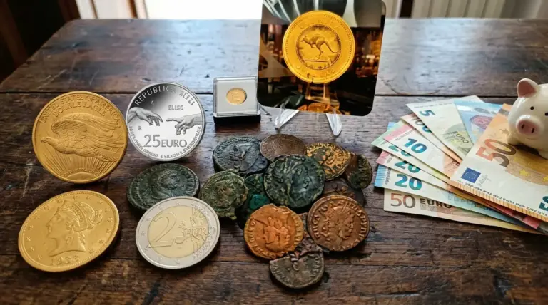Monete antiche e moderne con banconote in euro su un tavolo, accanto a un salvadanaio e a una moneta d’oro in esposizione