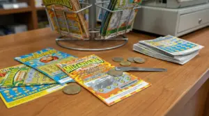Gratta e vinci su un bancone di tabaccheria con monete, strumento per grattare e mazzi di biglietti