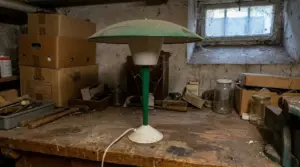 Lampada da tavolo vintage anni ’60 su banco da lavoro polveroso in cantina, con scatole e barattoli sullo sfondo