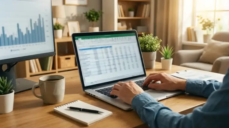Persona lavora da remoto al laptop con foglio di calcolo e grafici su monitor in un ufficio domestico luminoso