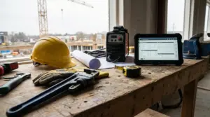 Banco da lavoro in cantiere con casco, guanti, chiave inglese, metro e tablet per controlli tecnici