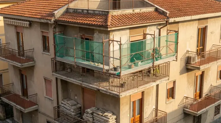 Balcone di un condominio in ristrutturazione con ponteggio e operai durante lavori urgenti alla facciata