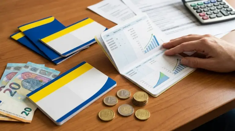 Libretti di risparmio, banconote e monete su un tavolo con una mano che sfoglia un estratto con grafici