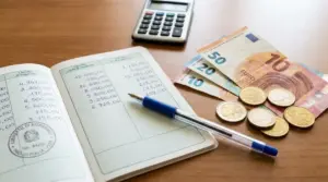 Libretto di risparmio aperto con penna, calcolatrice e banconote in euro su un tavolo