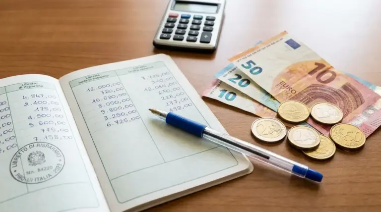 Libretto di risparmio aperto con penna, calcolatrice e banconote in euro su un tavolo