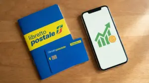Libretto postale con carta e smartphone su un tavolo, simbolo di risparmio e agevolazioni per i clienti