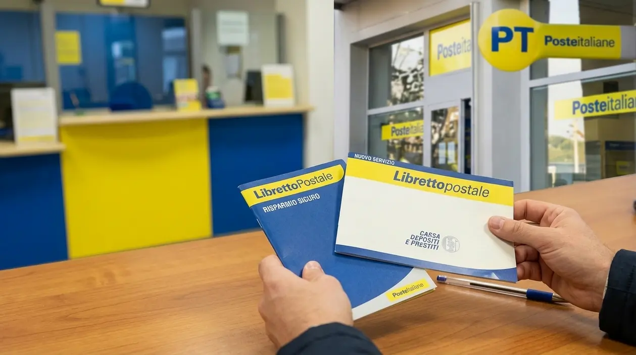 Persona con libretti postali al banco di un ufficio postale, simbolo di risparmio sicuro e basso rischio