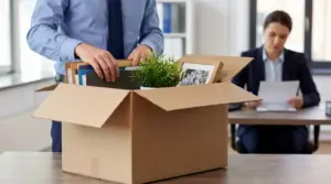 Lavoratore in ufficio svuota la scrivania con una scatola durante un licenziamento per giusta causa