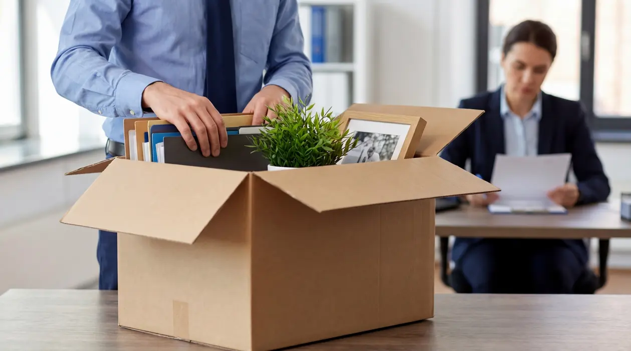 Lavoratore in ufficio svuota la scrivania con una scatola durante un licenziamento per giusta causa