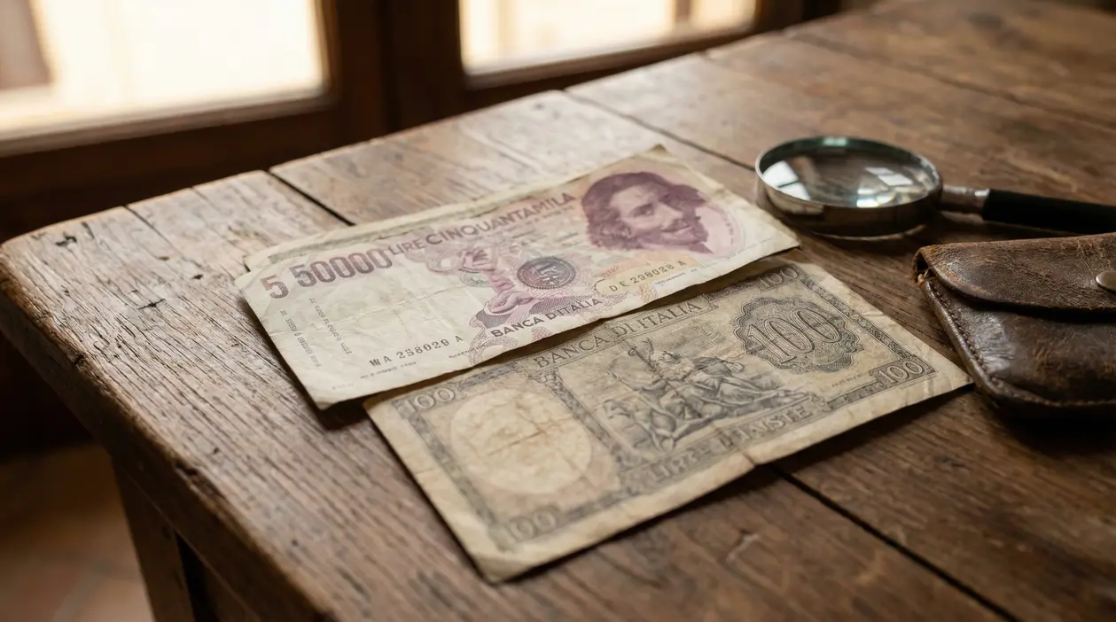 Banconote italiane d’epoca su tavolo in legno con lente d’ingrandimento, per valutare lire rare più pagate