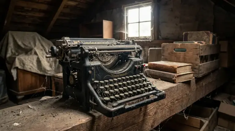 Vecchia macchina da scrivere impolverata in soffitta, accanto a libri e casse di legno