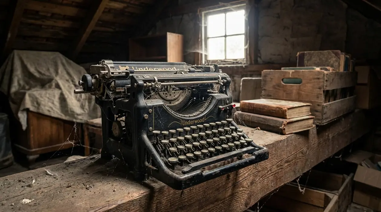 Vecchia macchina da scrivere impolverata in soffitta, accanto a libri e casse di legno