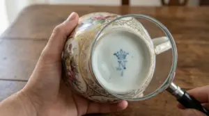 Mano che osserva con una lente il marchio nascosto sotto una tazza di porcellana decorata a mano
