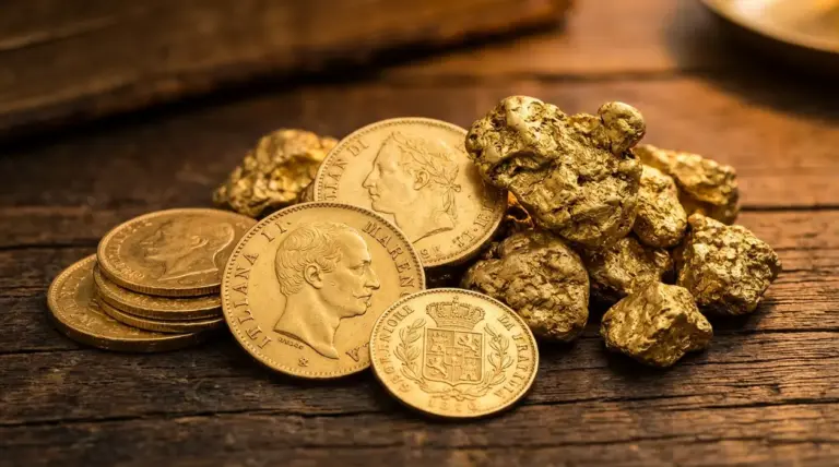 Marenghi d’oro e pepite d’oro su tavolo in legno, dettaglio di monete per calcolo del valore al grammo
