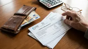 Mano di un pensionato con cedolini della pensione, portafoglio con euro, calcolatrice e occhiali sul tavolo