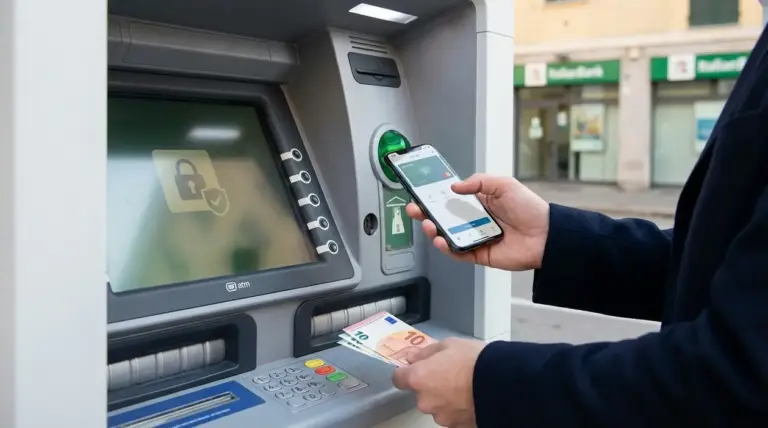 Persona preleva contanti da un bancomat usando lo smartphone per un metodo alternativo e sicuro