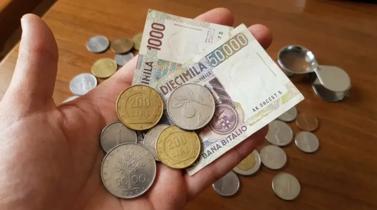 Mano che tiene banconote e monete in lire italiane su un tavolo di legno, con altre monete sullo sfondo