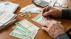 Persona compila una schedina del Superenalotto su un tavolo con monete, ricevute e calcolatrice