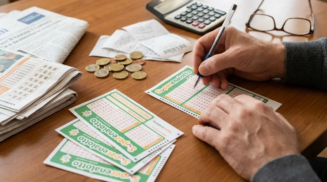 Persona compila una schedina del Superenalotto su un tavolo con monete, ricevute e calcolatrice
