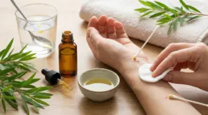 Applicazione di olio di tea tree su una ferita sul braccio con un batuffolo di cotone