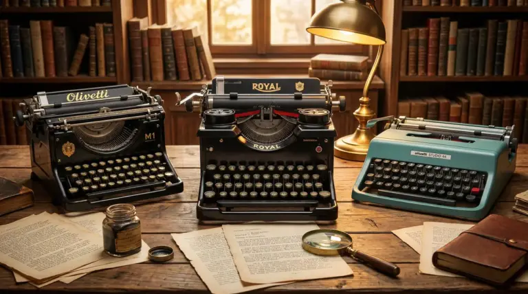 Vecchie macchine da scrivere su una scrivania di legno in una biblioteca