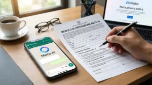 Smartphone con WhatsApp e Meta AI accanto a un modulo di opposizione compilato su una scrivania