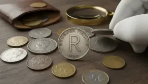 Moneta italiana con lettera R del 1950 su tavolo, con altre monete, lente d’ingrandimento e guanti da collezionista