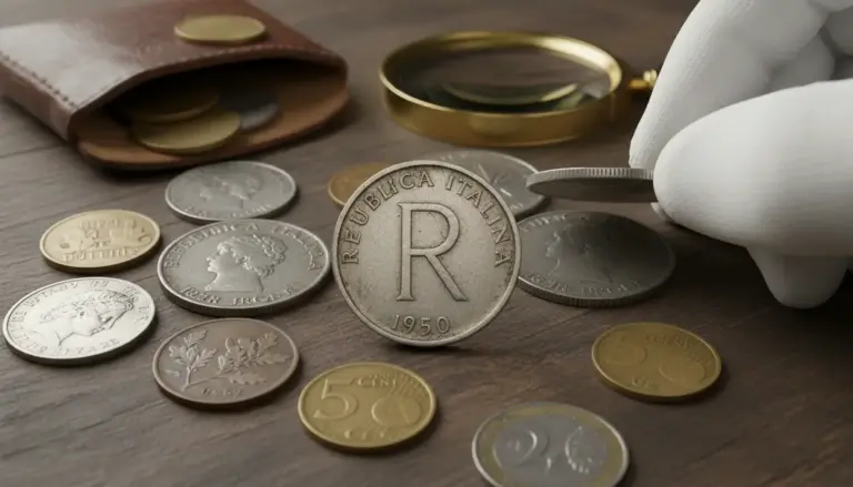 Moneta italiana con lettera R del 1950 su tavolo, con altre monete, lente d’ingrandimento e guanti da collezionista