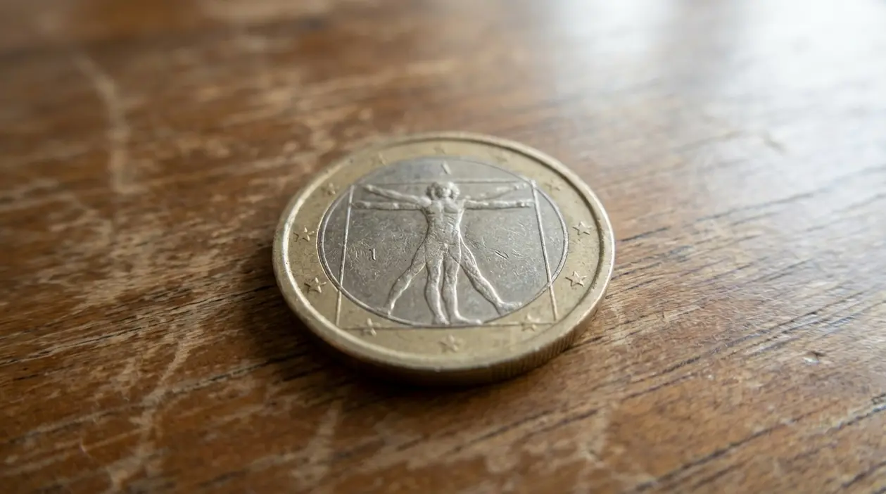 Moneta da 1 euro italiana appoggiata su un tavolo di legno, simbolo delle monete rare da collezione