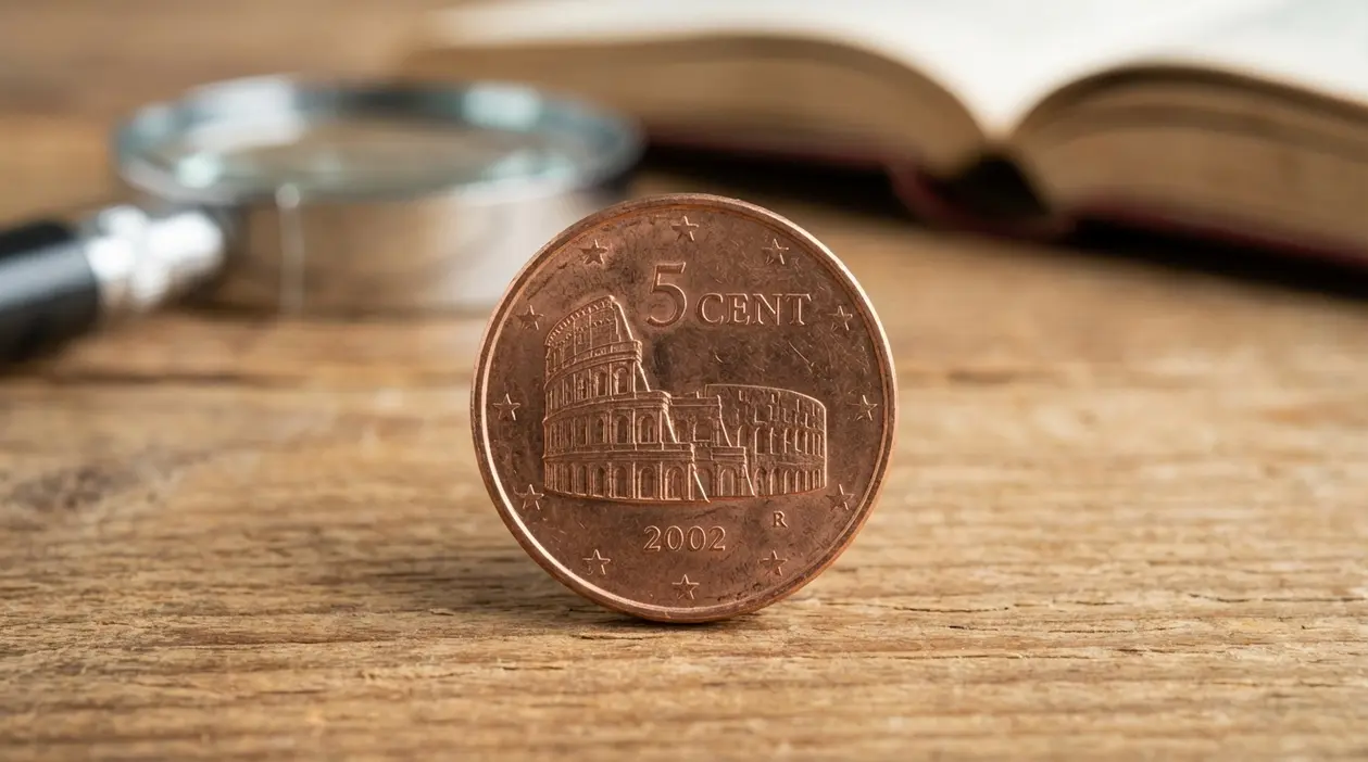 Moneta italiana da 5 centesimi con il Colosseo appoggiata su un tavolo, con lente e libro sullo sfondo