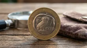Moneta da 1 euro greca con gufo in primo piano accanto a una lente d’ingrandimento su tavolo in legno