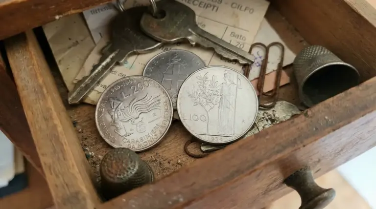 Vecchie monete italiane in una scatola di legno con chiavi e piccoli oggetti, possibile moneta rara da collezione