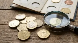 Monete da 10 centesimi con la spiga su tavolo in legno, con lente d’ingrandimento e album da collezione sullo sfondo