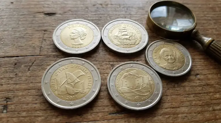 Monete da 2 euro commemorative su un tavolo di legno accanto a una lente d’ingrandimento