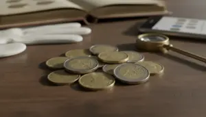Monete da 2 euro su un tavolo con lente d’ingrandimento, in un contesto di collezionismo numismatico
