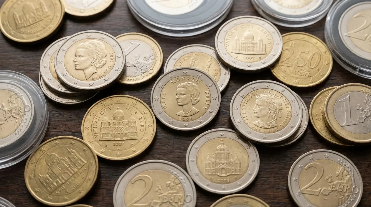 Varie monete in euro di diversi Paesi, tra cui Monaco e Vaticano, disposte su un tavolo in legno