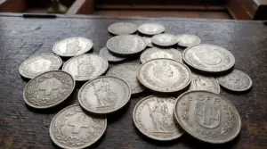 Monete svizzere in argento di diversi tagli sparse su un tavolo in legno