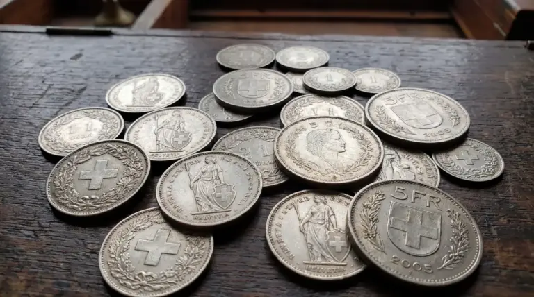 Monete svizzere in argento di diversi tagli sparse su un tavolo in legno