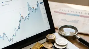 Grafico finanziario su tablet con monete e lente d’ingrandimento per monitorare l’andamento della sterlina