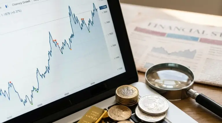 Grafico finanziario su tablet con monete e lente d’ingrandimento per monitorare l’andamento della sterlina