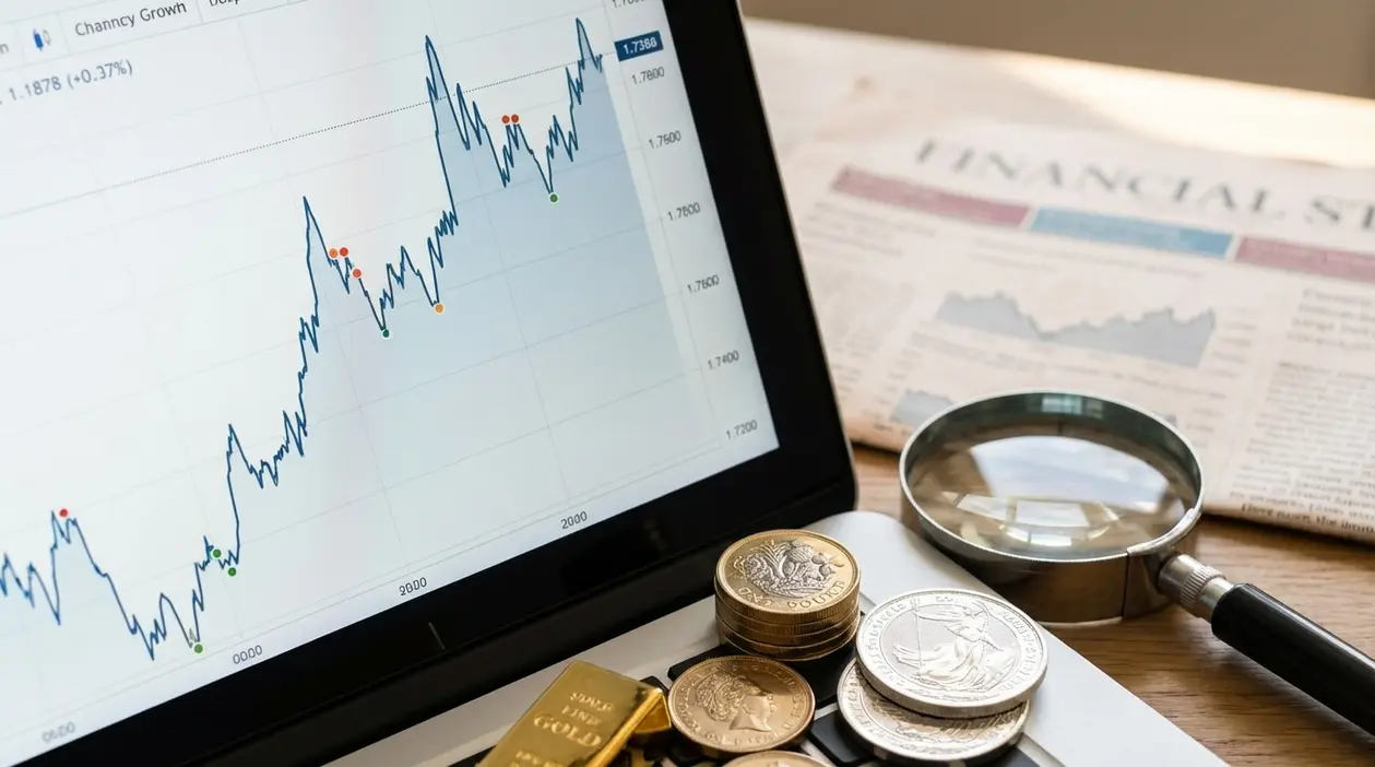 Grafico finanziario su tablet con monete e lente d’ingrandimento per monitorare l’andamento della sterlina