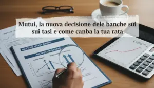 Mano con lente su documenti di mutuo ipotecario, grafici dei tassi e calcolatrice su scrivania