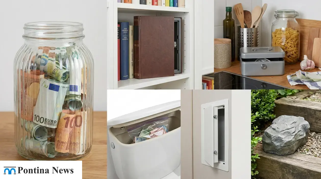 Nascondigli per contanti: barattolo con banconote, cassaforte tra libri, cassetta in cucina, serbatoio WC e finta pietra