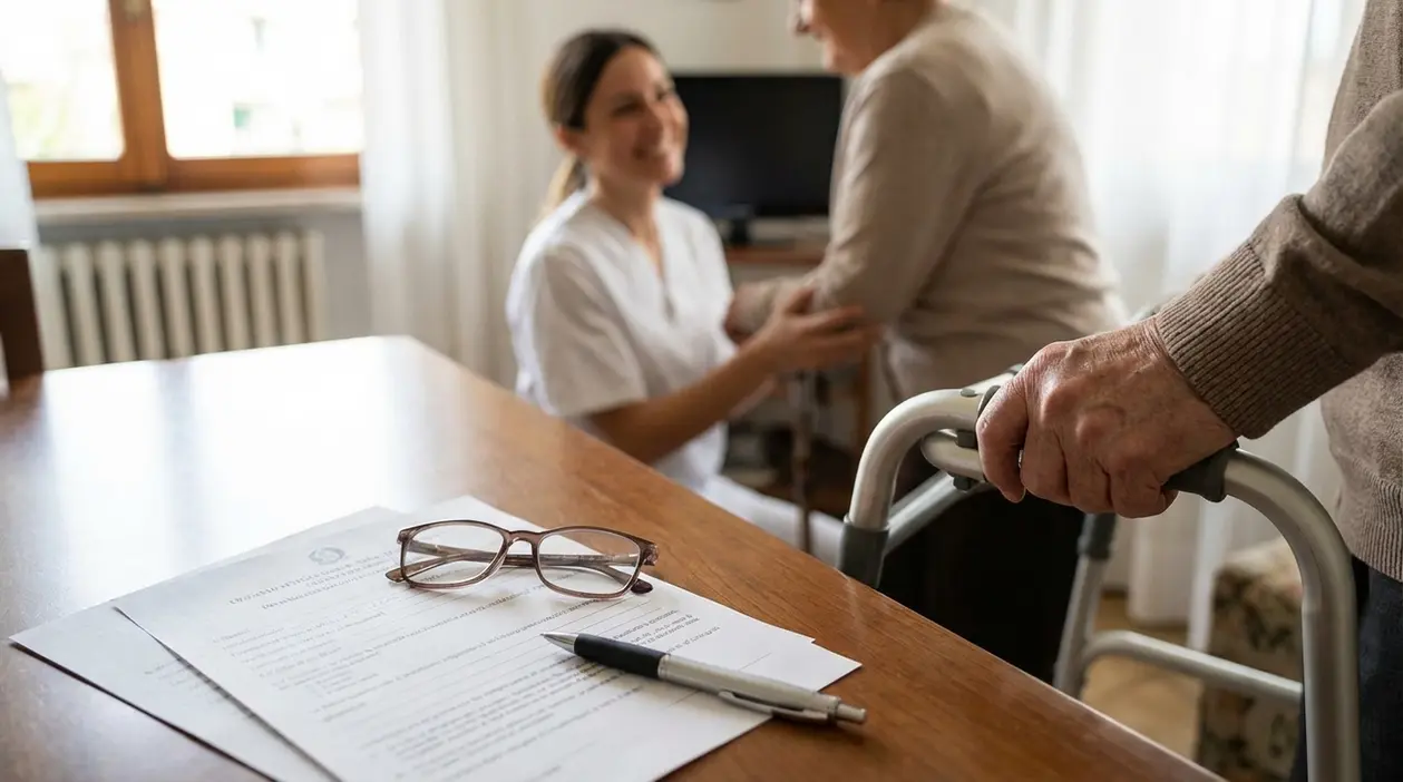 Persona anziana con deambulatore in casa, documenti sul tavolo e caregiver sullo sfondo